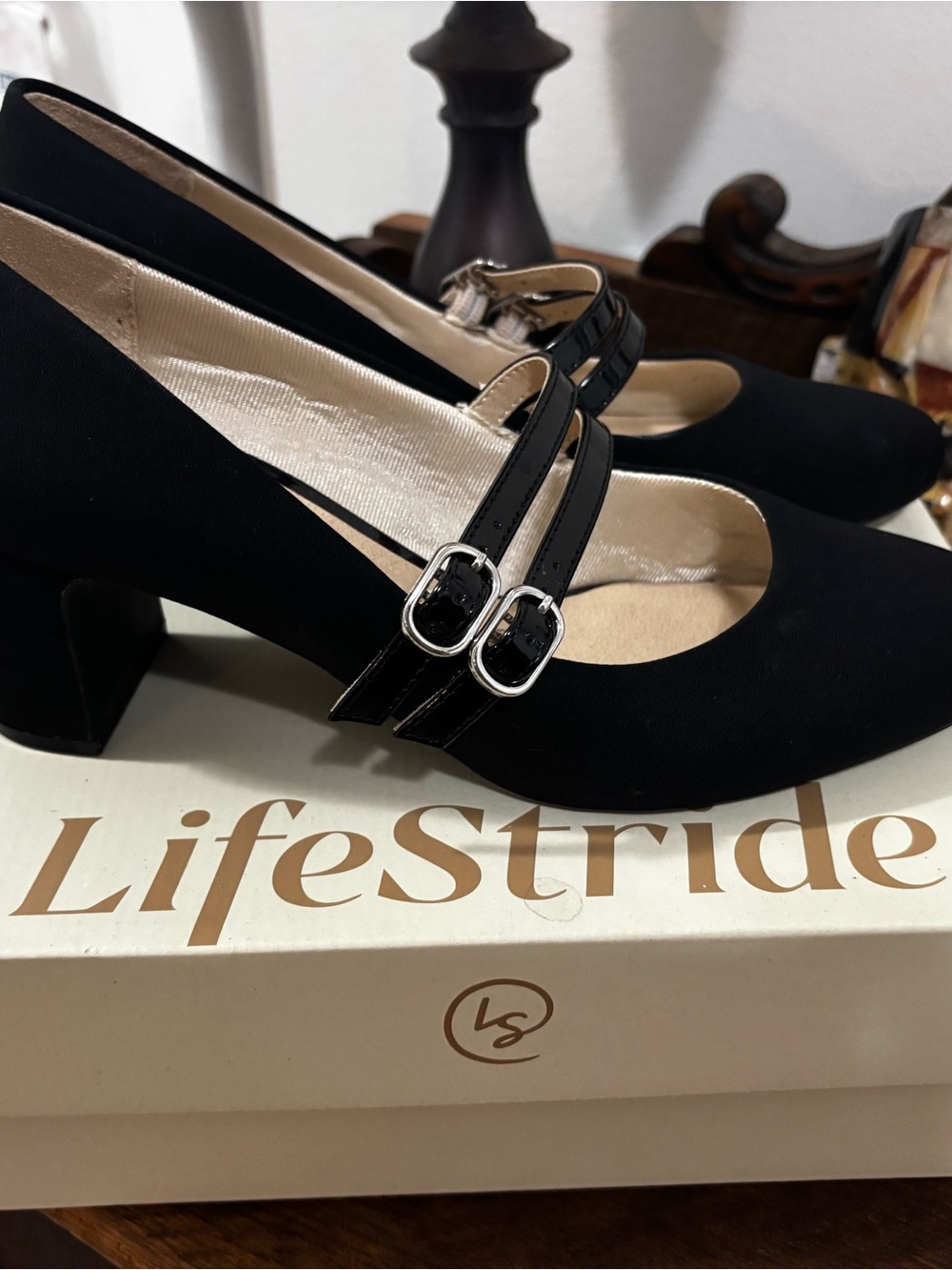 Life Stride Black Double-Strap Block Heel Mary Janes
